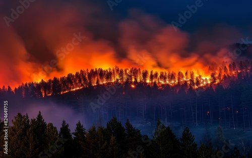 The fiery skyline of a forest inferno at dusk, a striking contrast of fire against the twilight. The image is a dramatic reminder of nature's unpredictable power.