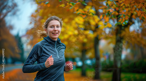 Young woman running in sportswear in a park in autumn