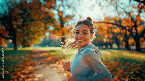 Young woman running in sportswear in a park in autumn