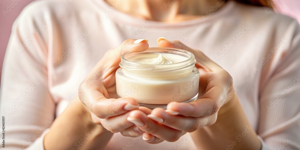 Hands of a beautiful well-groomed woman with a cream jar on a pink textural background. Moisturizer for clean and soft skin in the winter. I love the body. Healthcare concept. Hands of a beautiful well-groomed woman with a cream jar on a pink textural background. Moisturizer for clean and soft skin in the winter. I love the body. Healthcare concept.