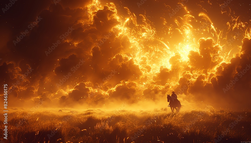 A lone rider silhouetted against a fiery sky, symbolizing hope and resilience.