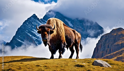 Bison on a mountain pasture. Bison thick fur covered with frost and snow, Bison walks in extreme winter weather, standing above snow with a view of the frost mountains.
