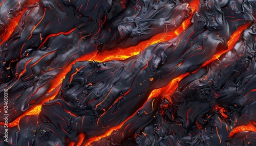 A seamless pattern of molten lava texture, depicting the fiery surface of a volcano with flowing magma, suitable for intense and dramatic backgrounds