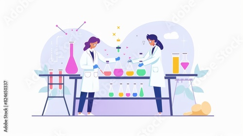 A positive lab worker analyzing samples. A scientist conducting a chemical experiment flat modern illustration. Suitable for a banner, website design, or landing page for a science or medical test