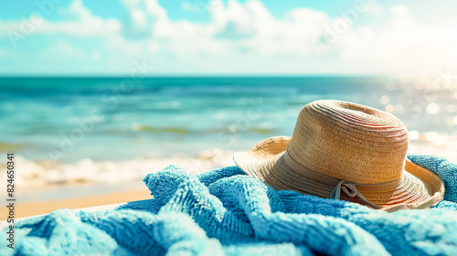 Close-up brown straw hat placed on blue blanket or towel on seascape view, sand beach, calm sea and fresh blue sky background on sunny day, copy space. Summer vacation, holiday travel banner concept.