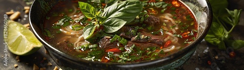 Delicious bowl of Vietnamese pho soup garnished with fresh basil leaves, lime wedge, and vibrant red chilies, served in a dark ceramic bowl. photo