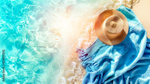 Top view of brown straw hat placed blue blanket on sand beach and blue water and sea foam background reflection with sunlight, with copy space. Summer vacation, holiday travel banner concept.