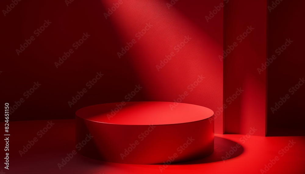 A vibrant red podium under spotlight effects, creating a dramatic stage for product displays with deep shadows and abstract textures A vibrant red podium under spotlight effects, creating a dramatic stage for product displays with deep shadows and abstract textures
