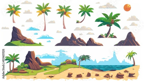Landscape constructor with sandy beaches, tropical palms, mountains, hills. Ocean horizon, clouds, and green trees cartoon illustration. Nature beach landscape constructor.