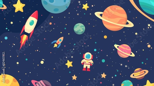 Space modern background with astronaut, rocket, spaceship, moon, planets, and stars.