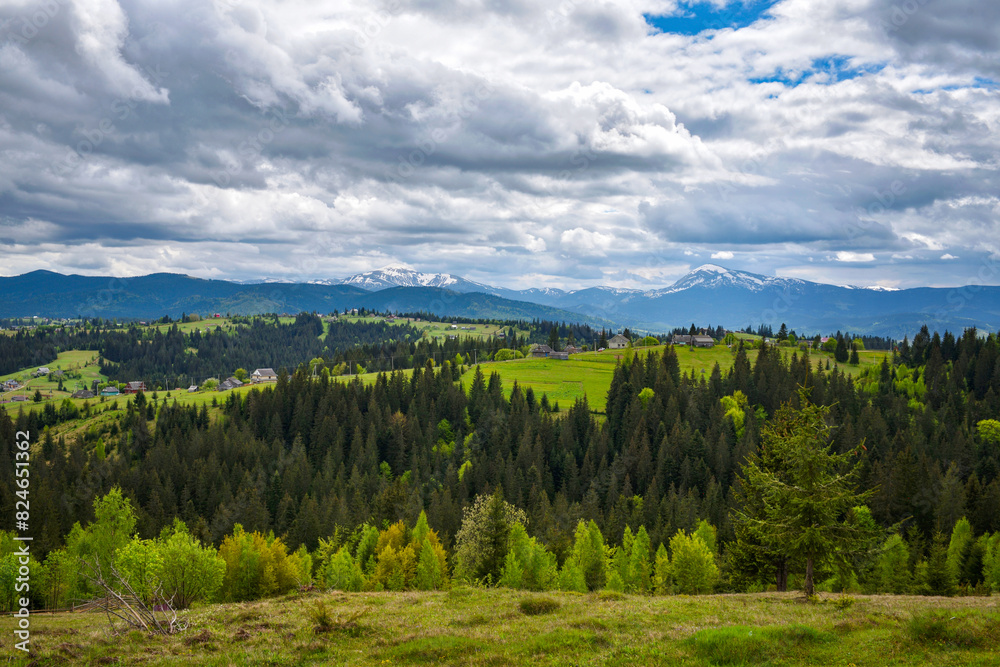 Picturesque mountain landscape. View of Mount Hoverla and Petros. Ukraine Carpathian mountains.