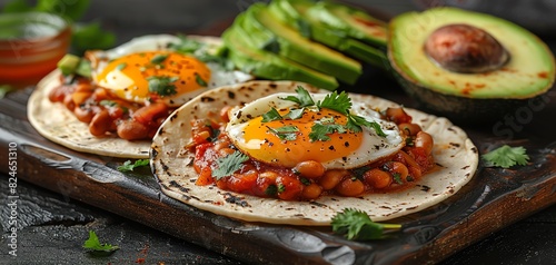 Delicious huevos rancheros with fried eggs, tomatoes, beans, and fresh avocado slices served on a wooden board. photo