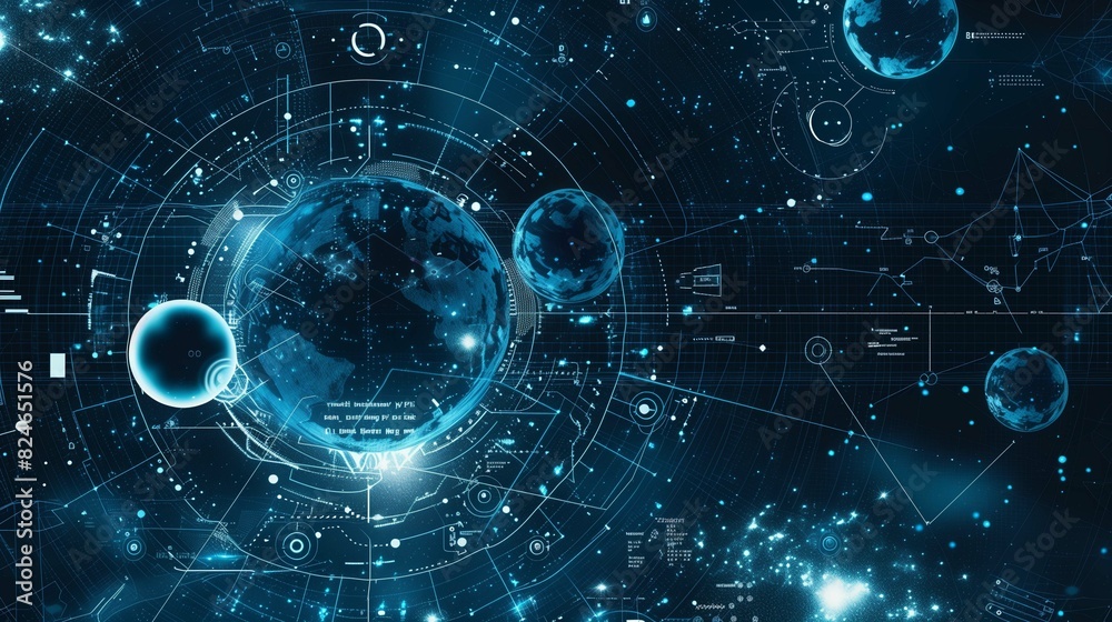 Fototapeta premium Futuristic visualization of Earth with celestial bodies illustration. Advanced space exploration wallpaper scene artwork. Digital interfaces background image digital art concept