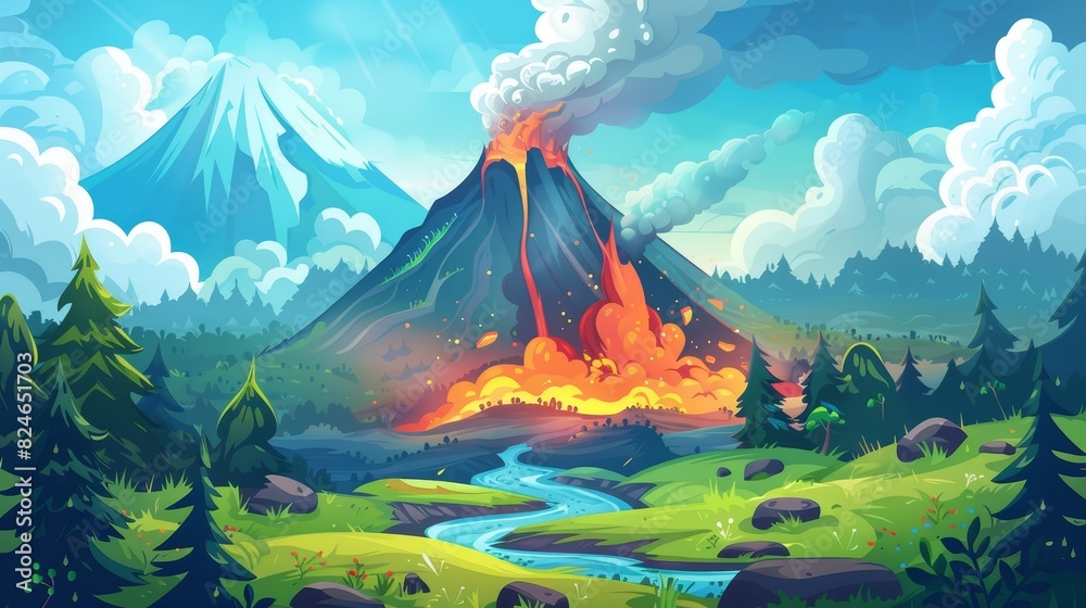 Volcano Icon Animation Animated volcano eruption cartoon background of a nature landscape ...