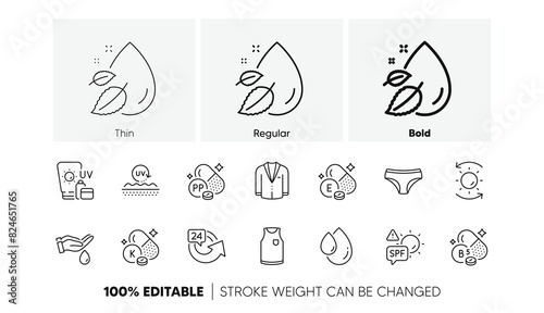 T-shirt, Sunscreen and Suit line icons. Pack of Water drop, Pantothenic acid, Spf protection icon. Sun protection, Vitamin e, Panties pictogram. Wash hands, Oil drop, 24 hours. Niacin. Vector
