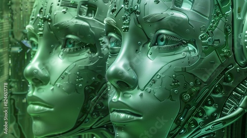Vivid green robotic faces with complex internal mechanisms art digital. Lifelike mechanical complexity wallpaper scene artwork. Future technology concept background image horizontal
