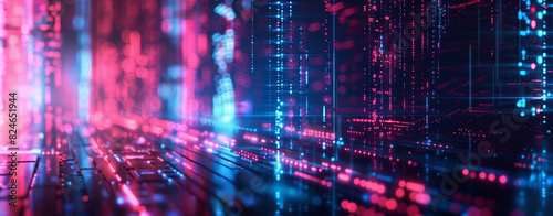  neon glowing lines and data flow against a dark backdrop  accentuated by pink and blue light streaks. The blurred abstract futuristic technology scene highlights dark tones