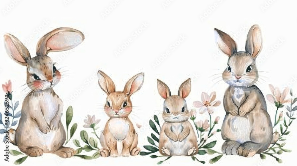 Hand drawn Easter cartoons forest hare animal bunny holiday cartoon. Happy Easter baby bunnies design with spring blossom flower.