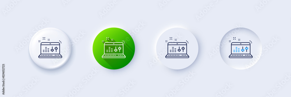 Sound check line icon. Neumorphic, Green gradient, 3d pin buttons. DJ controller sign. Musical app on laptop symbol. Line icons. Neumorphic buttons with outline signs. Vector Sound check line icon. Neumorphic, Green gradient, 3d pin buttons. DJ controller sign. Musical app on laptop symbol. Line icons. Neumorphic buttons with outline signs. Vector