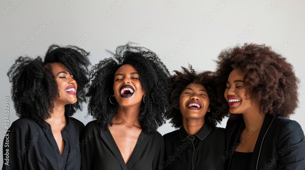 Laughter of African afro women friends. Black business woman with afro hair.