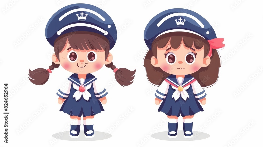 Boy and girl in navy uniforms. Modern flat cartoon design.