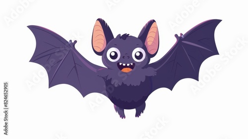 This modern illustration shows a cute friendly black bat character flying with wings spread in a flat contemporary style isolated on white.