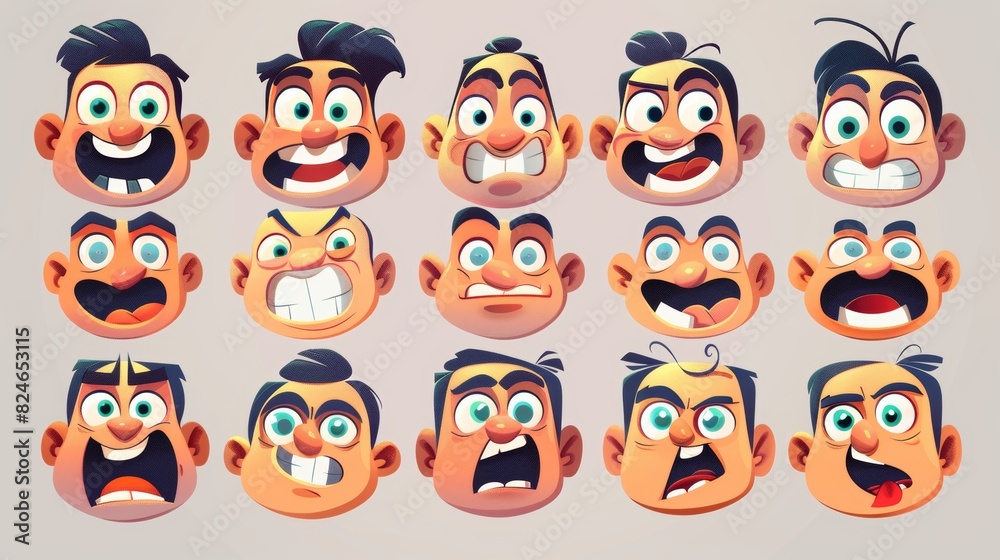 Animated 50's cartoon and comic happy faces. Retro quirky characters emojis with huge eyes, cheeks, and mouths.