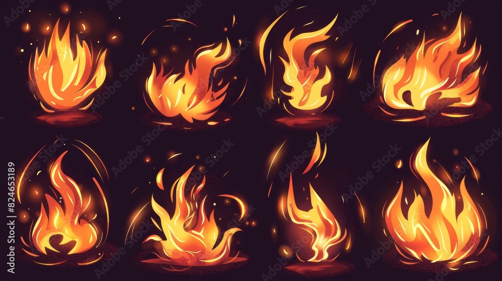 Icon set of cartoon fire flames, bonfire fires, and burning fireballs. Fire embers of a campfire, wildfire firewalls, burning torch heat, flames of hells and burning effects of hellfire. Icon set of cartoon fire flames, bonfire fires, and burning fireballs. Fire embers of a campfire, wildfire firewalls, burning torch heat, flames of hells and burning effects of hellfire.