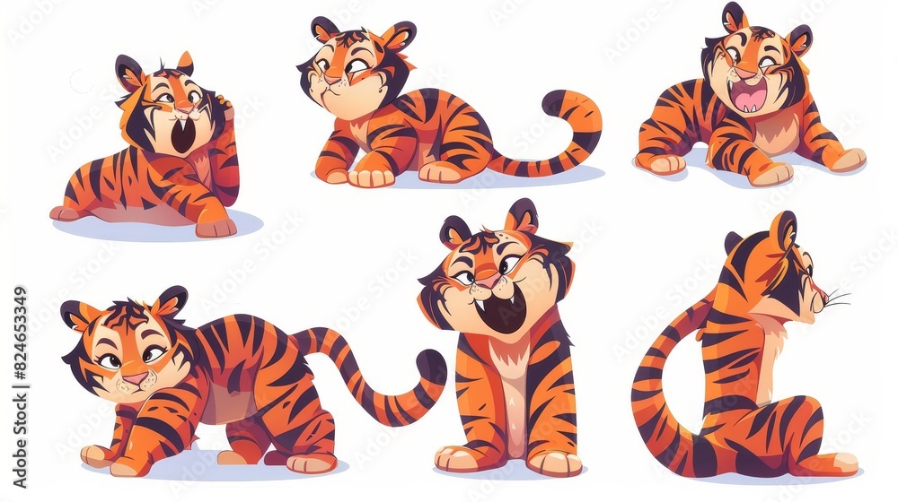 An adorable tiger poses in a variety of different poses. The cartoon kittens sleep, play, think, walk, and greet in this colorful modern set.