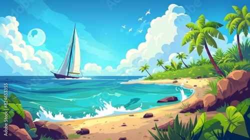Sailboat and palm trees on the beach. Cartoon illustration concept of summer vacation. © Mark