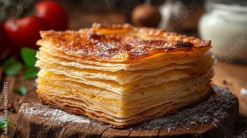Close-up of delicious, flaky puff pastry layers, beautifully golden and perfect for desserts or savory dishes. Rustic wooden background.