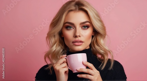 Beautiful attractive blonde woman model with cup of coffee 