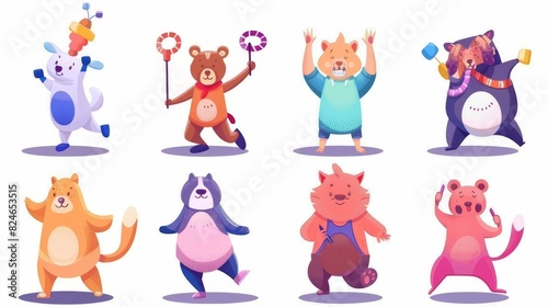 Sport cartoon illustration set with cute pets lifting dumbbells, practicing yoga, running on treadmill, jumping rope, stretching, and doing step-aerobics. Activity concept illustration. photo