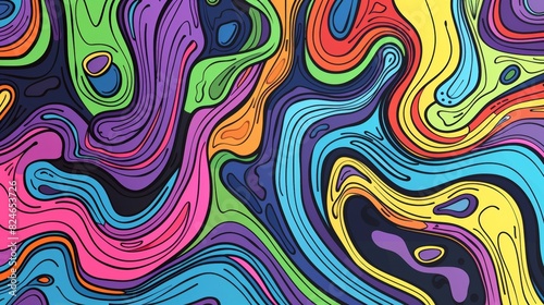 Hand drawn linear modern illustration of abstract psychedelic background with cartoon waves. Trendy design in style of 60s, 70s hippies.