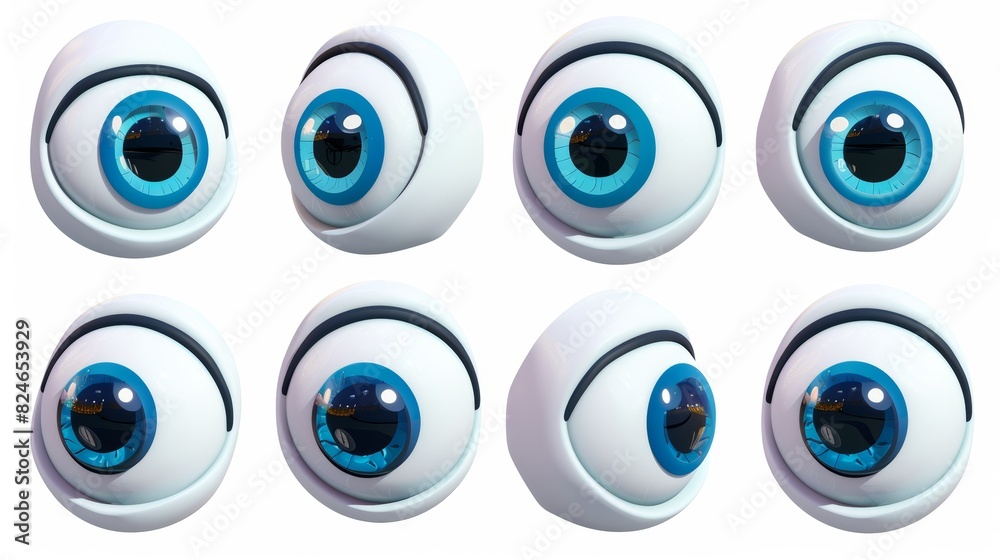 A set of simple 3D eyes with eyelids that look forward and to the sides. A set of facial expression graphics. A set of simple 3D eyes with eyelids that look forward and to the sides. A set of facial expression graphics.