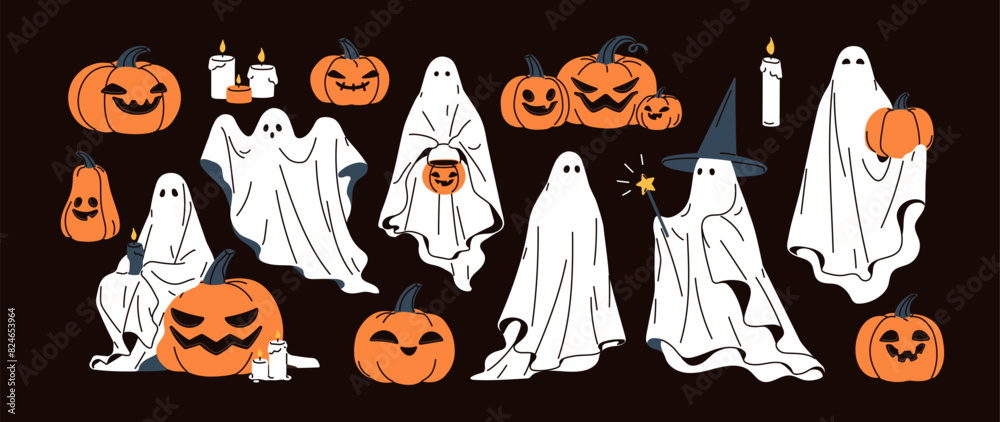 Halloween ghosts and pumpkins set. Boo characters, spooky scary silhouettes in sheets, eerie faces. Creepy spooks, horror shadows. October holiday spirits. Isolated flat graphic vector illustrations Halloween ghosts and pumpkins set. Boo characters, spooky scary silhouettes in sheets, eerie faces. Creepy spooks, horror shadows. October holiday spirits. Isolated flat graphic vector illustrations