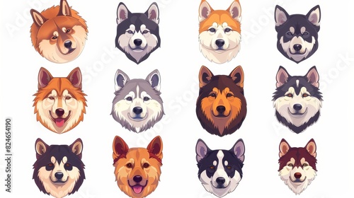 Different breeds of dogs are isolated on a white background, with different heads of each
