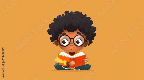 The child is reading a book. Cartoon student has afro hair studying.