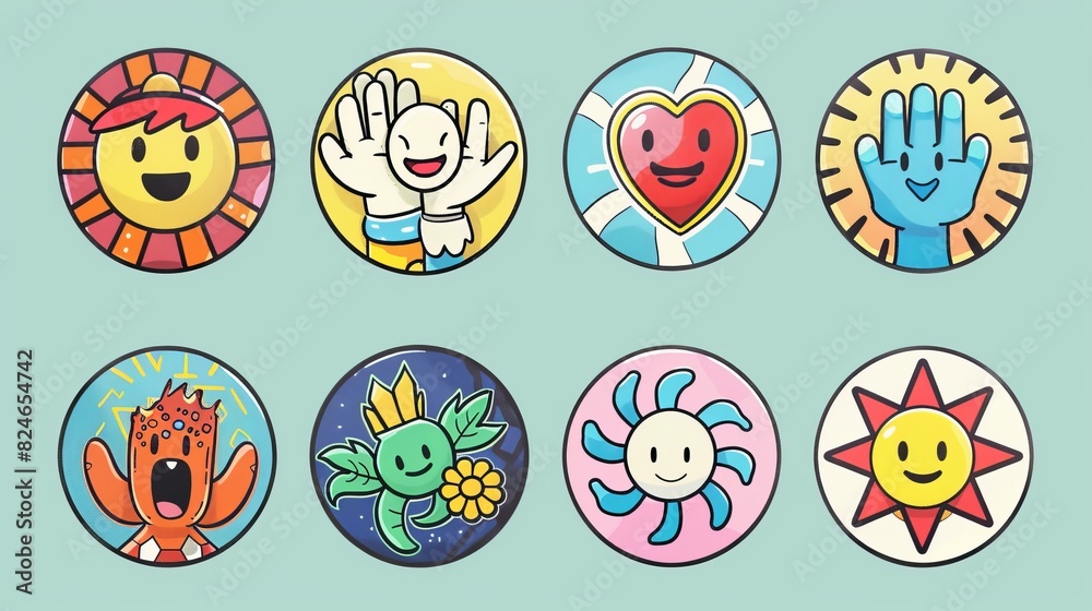 Featuring cartoon characters in abstract comic style with gloved hands. Illustration features hand drawn circles, hearts, suns, flowers, and clouds. Modern illustration. Featuring cartoon characters in abstract comic style with gloved hands. Illustration features hand drawn circles, hearts, suns, flowers, and clouds. Modern illustration.