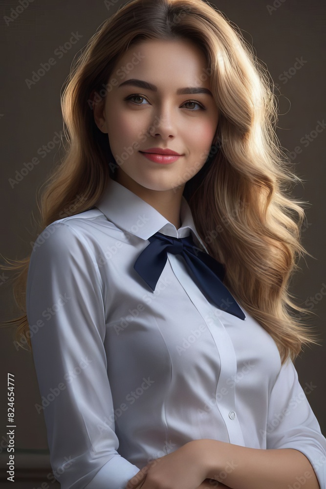 Smiling woman with long brunette hair in a glamourous fashion portrait Smiling woman with long brunette hair in a glamourous fashion portrait