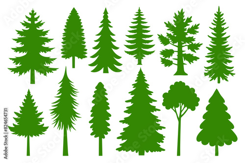 A Set of 27pcs Tree outdoor travel black silhouette coniferous natural badges, tops pine spruce branch cedar and plant leaf abstract stem drawing vector illustration Silhouette Design 