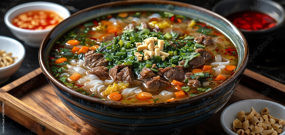 A vibrant bowl of traditional Asian noodle soup garnished with fresh herbs and vegetables, served with flavorful side dishes.