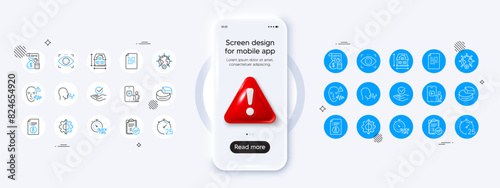 Accounting, Document and Transform line icons. Phone mockup with 3d danger icon. Pack of Timer, Technical info, Approved icon. Approved report, House dimension, Breathing exercise pictogram. Vector