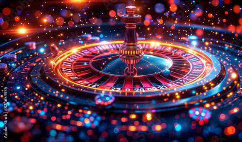 A colorful, glowing roulette wheel with a black and gold figure on top. The wheel is surrounded by a lot of bright lights