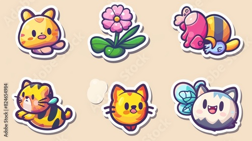 Vintage cartoon stickers with a flower, bee, cat and uninspiring messages in modern form. photo