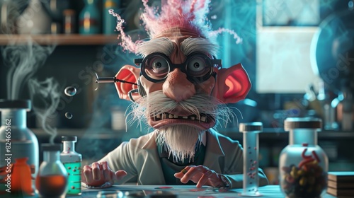 Cartoon character of a crazy scientist in a science lab. Using AI to create new applications. photo