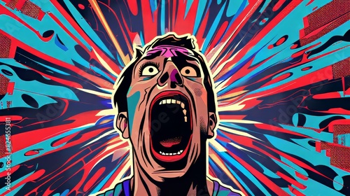 This modern poster design illustration features a terrified man screaming in fear in a Pop Art style. photo