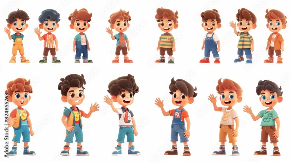 Cut out set of cartoon character boys waving hello, a collection of cute children isolated on transparent background, happy schoolboy pose, 3D rendering style, AI created Cut out set of cartoon character boys waving hello, a collection of cute children isolated on transparent background, happy schoolboy pose, 3D rendering style, AI created