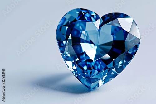 One heart-shaped translucent blue diamond  diamond facets  white background
