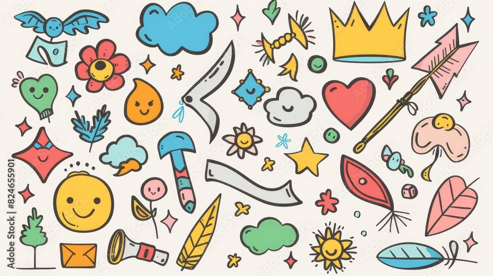 Hand drawn doodle style collection of letters, speech bubbles, crowns, flowers, scribbles and colorful arrows. Design for decoration, sticker, idol poster, social media. Hand drawn doodle style collection of letters, speech bubbles, crowns, flowers, scribbles and colorful arrows. Design for decoration, sticker, idol poster, social media.